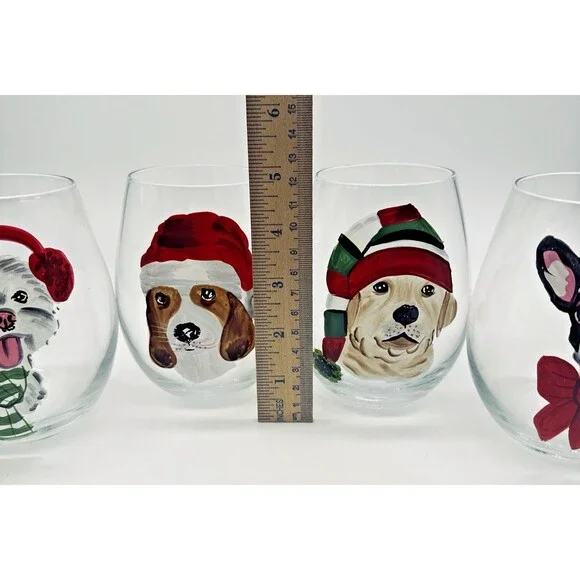 Christmas Holiday Dogs Stemless Wine Glasses Pier 1 Imports Hand Painted - Picture 7 of 16